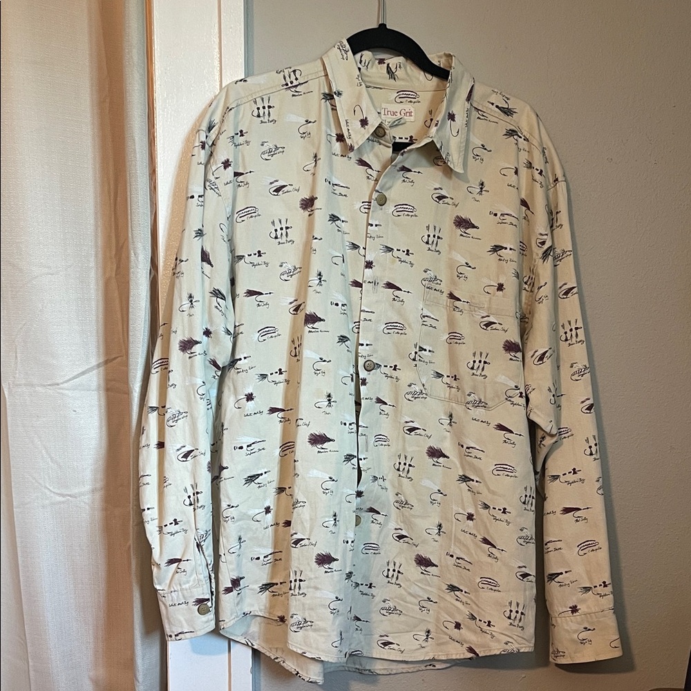 Men's True Grit Cream Patterned Shirt-fly fishing themed